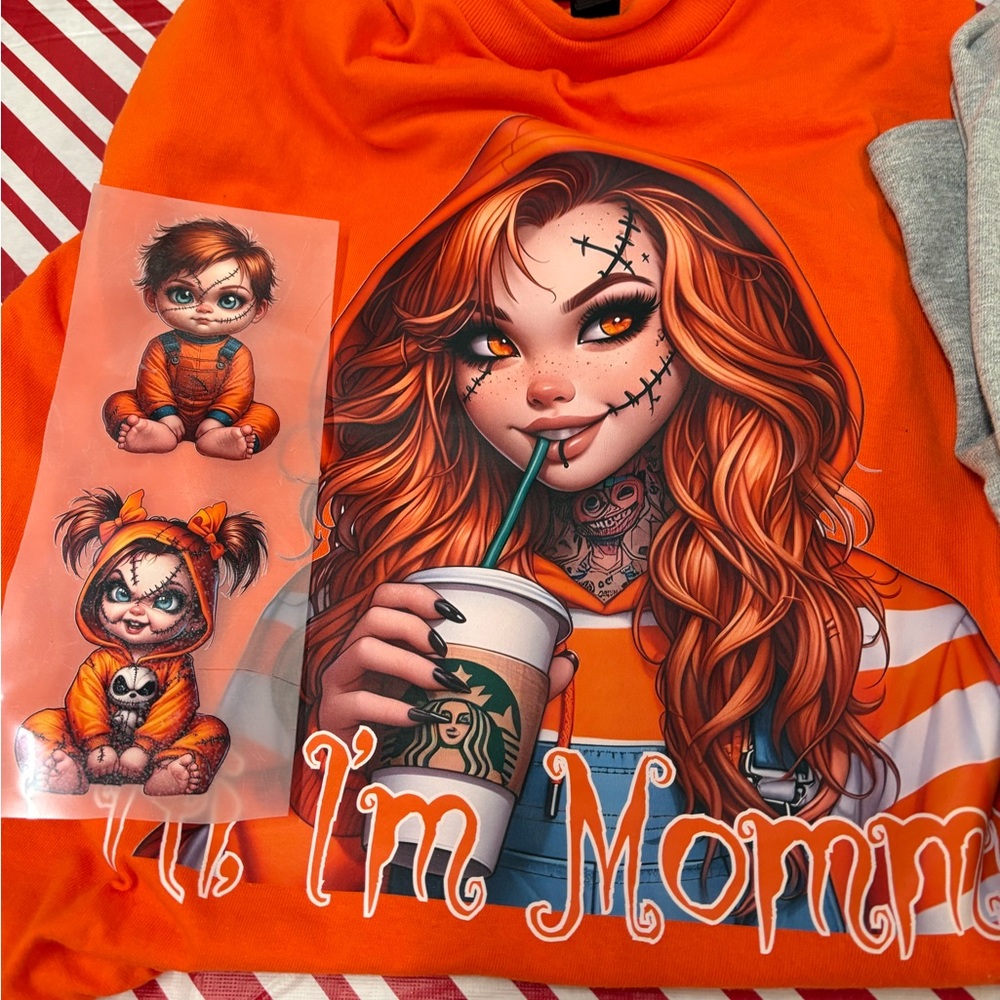 Orange Graphic tshirt with Halloween chucky mama and kids